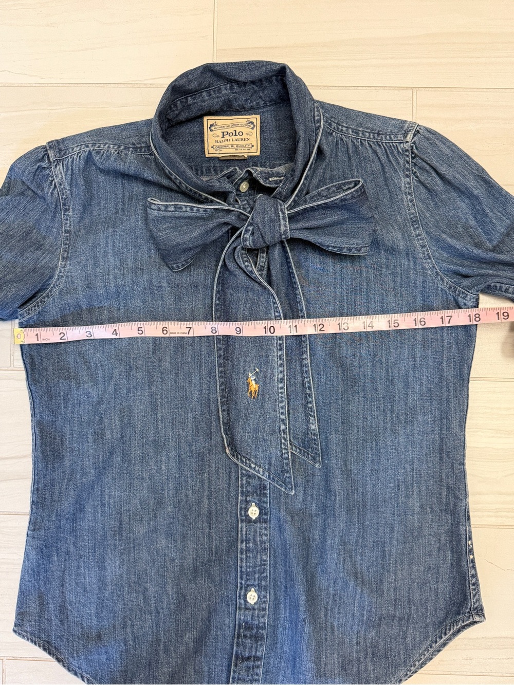 Polo Ralph Lauren Necktie Denim Shirt Bow Blouse Sz 0 - Picture 7 of 12